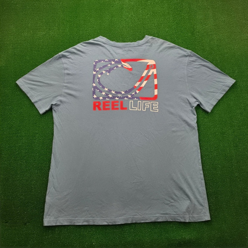 Reel Life Gear Patriotic Flag Fish Hook Graphic Tshirt Mens 2XL Blue Outdoors